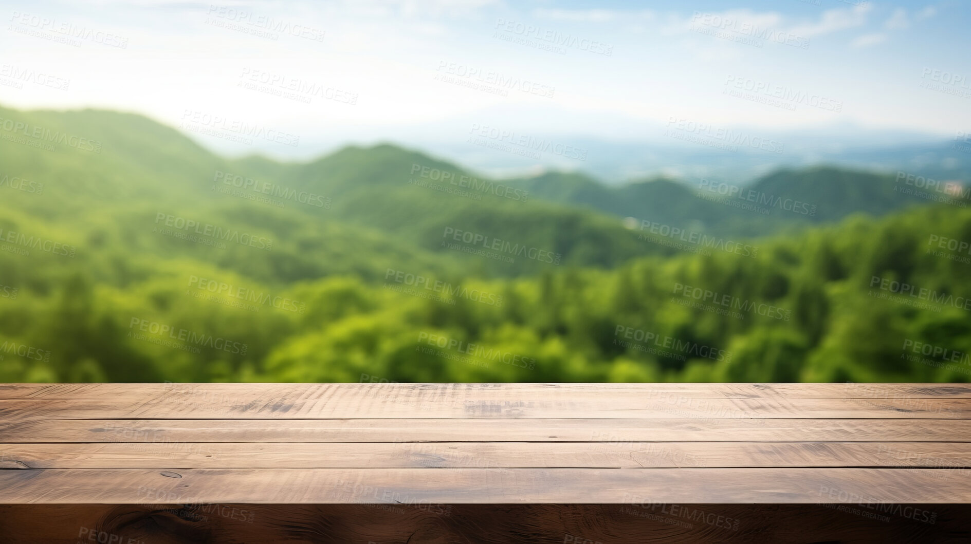 Buy stock photo Empty wooden table on tropical forest copyspace background. Product display montage