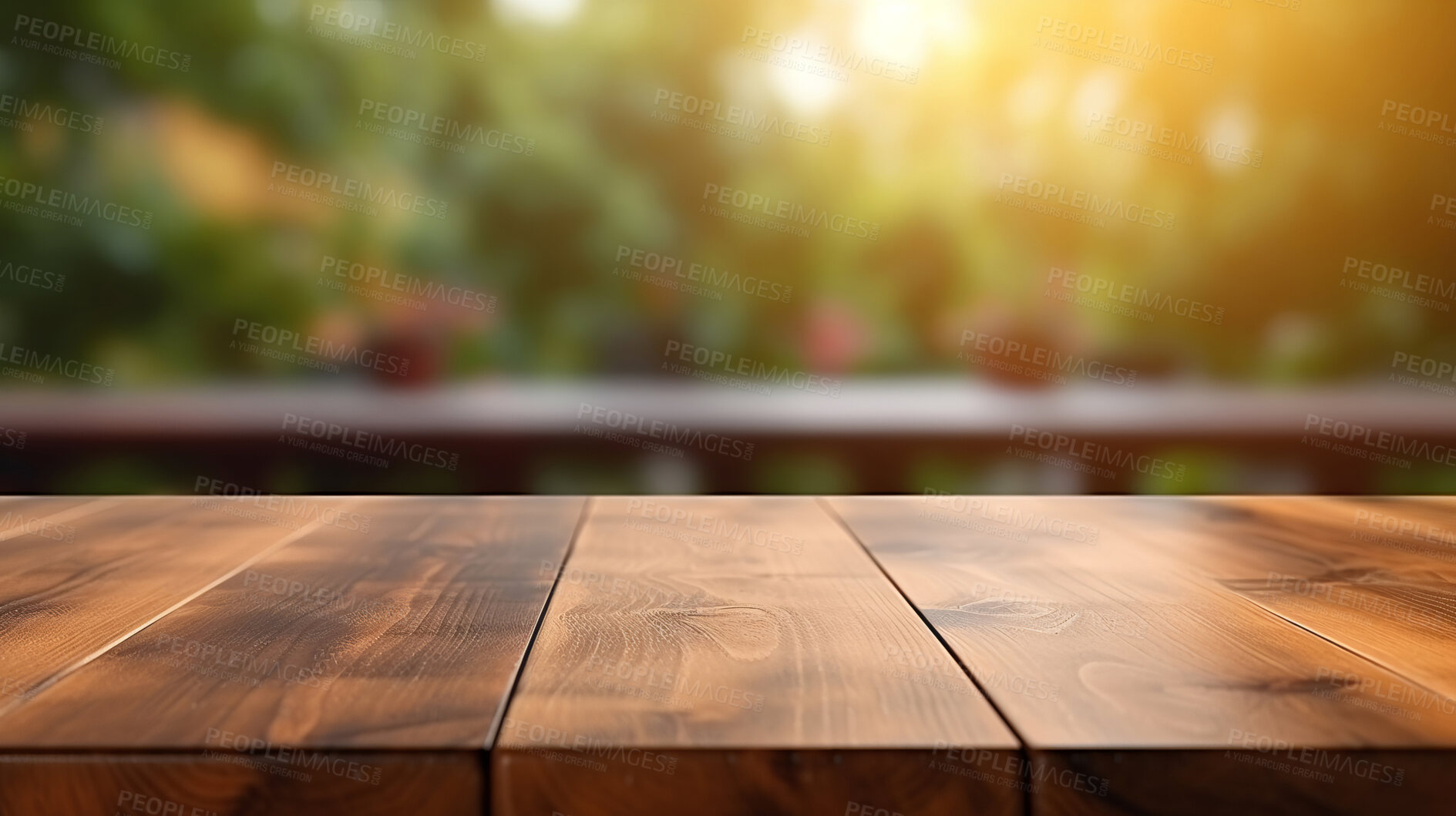 Buy stock photo Empty wooden table on tropical forest copyspace background. Product display montage