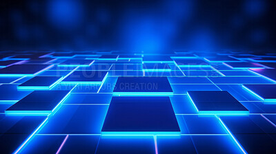 Background abstract blue technology box floor cyberspace with glowing cubes and neon lights