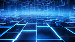 Background abstract blue technology box floor cyberspace with glowing cubes and neon lights