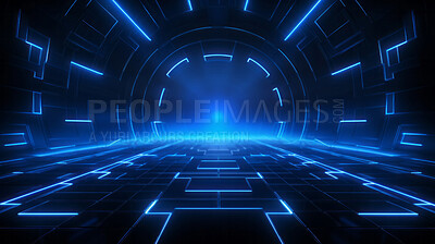 Buy stock photo Futuristic room dark blue spaceship interior with glowing neon tunnel lights