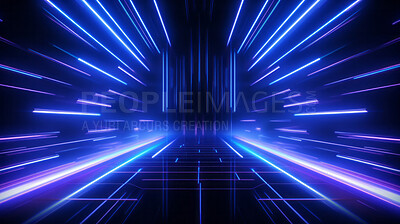 Futuristic room dark blue spaceship interior with glowing neon tunnel lights
