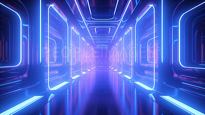 Buy stock photo Futuristic room dark blue spaceship interior with glowing neon tunnel lights