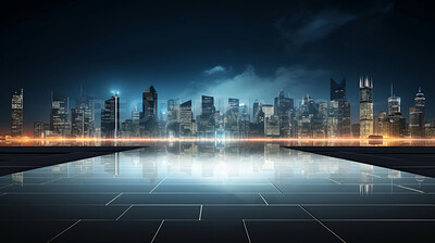 Empty brick concrete floor and modern cityscape with night sky. Background copyspace concept