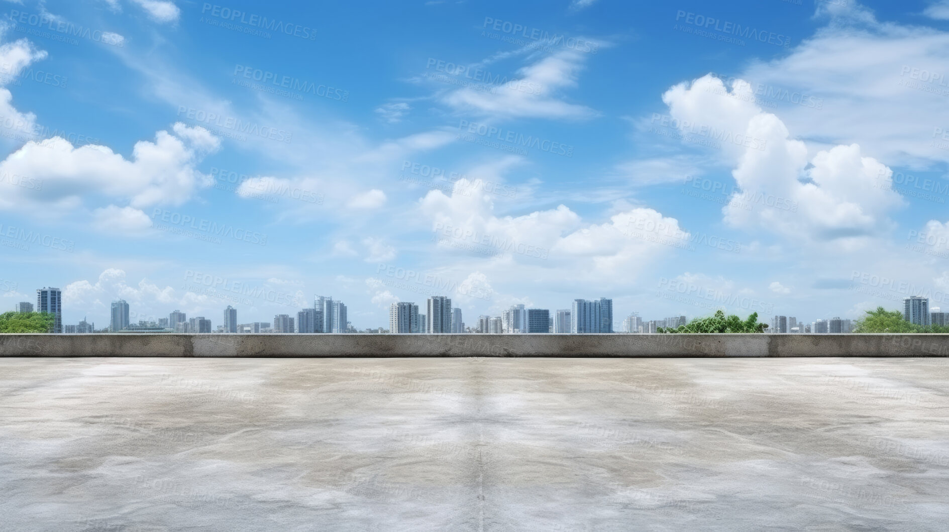 Buy stock photo Empty brick concrete floor and modern cityscape with blue sky. Background copyspace concept