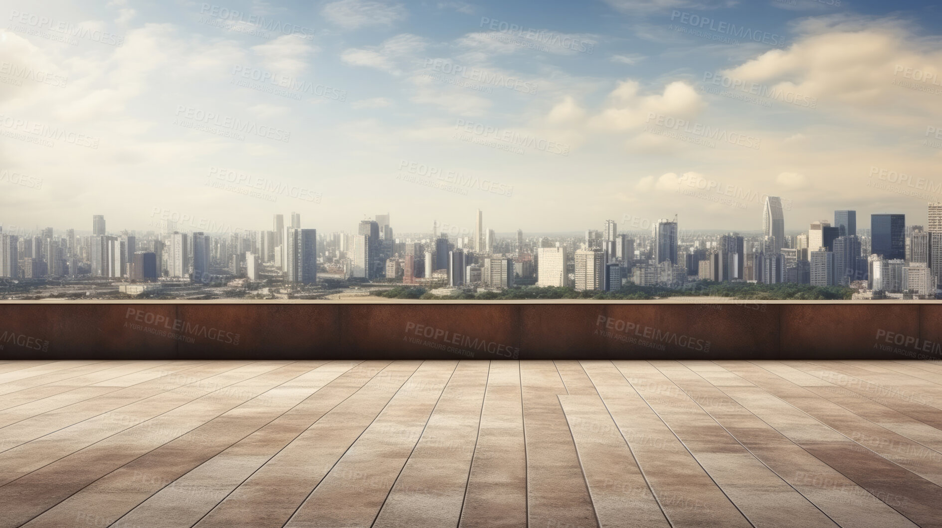 Buy stock photo Empty brick concrete floor and modern cityscape with blue sky. Background copyspace concept