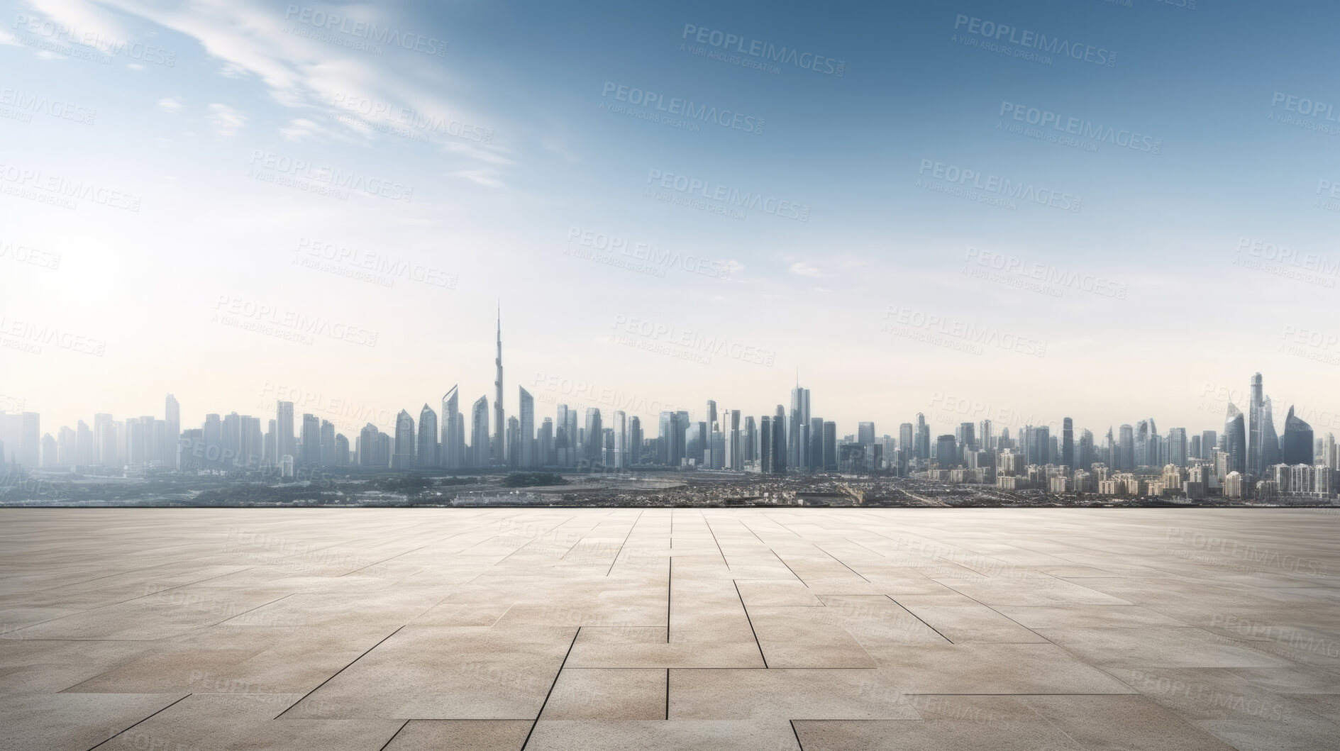 Buy stock photo Empty brick concrete floor and modern cityscape with blue sky. Background copyspace concept