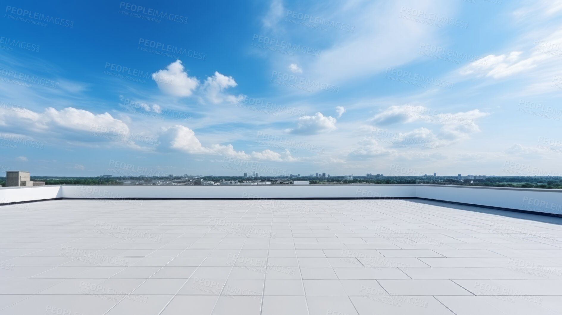 Buy stock photo Empty brick concrete floor and modern cityscape with blue sky. Background copyspace concept