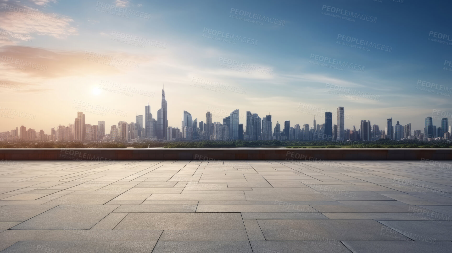 Buy stock photo Empty brick concrete floor and modern cityscape with blue sky. Background copyspace concept