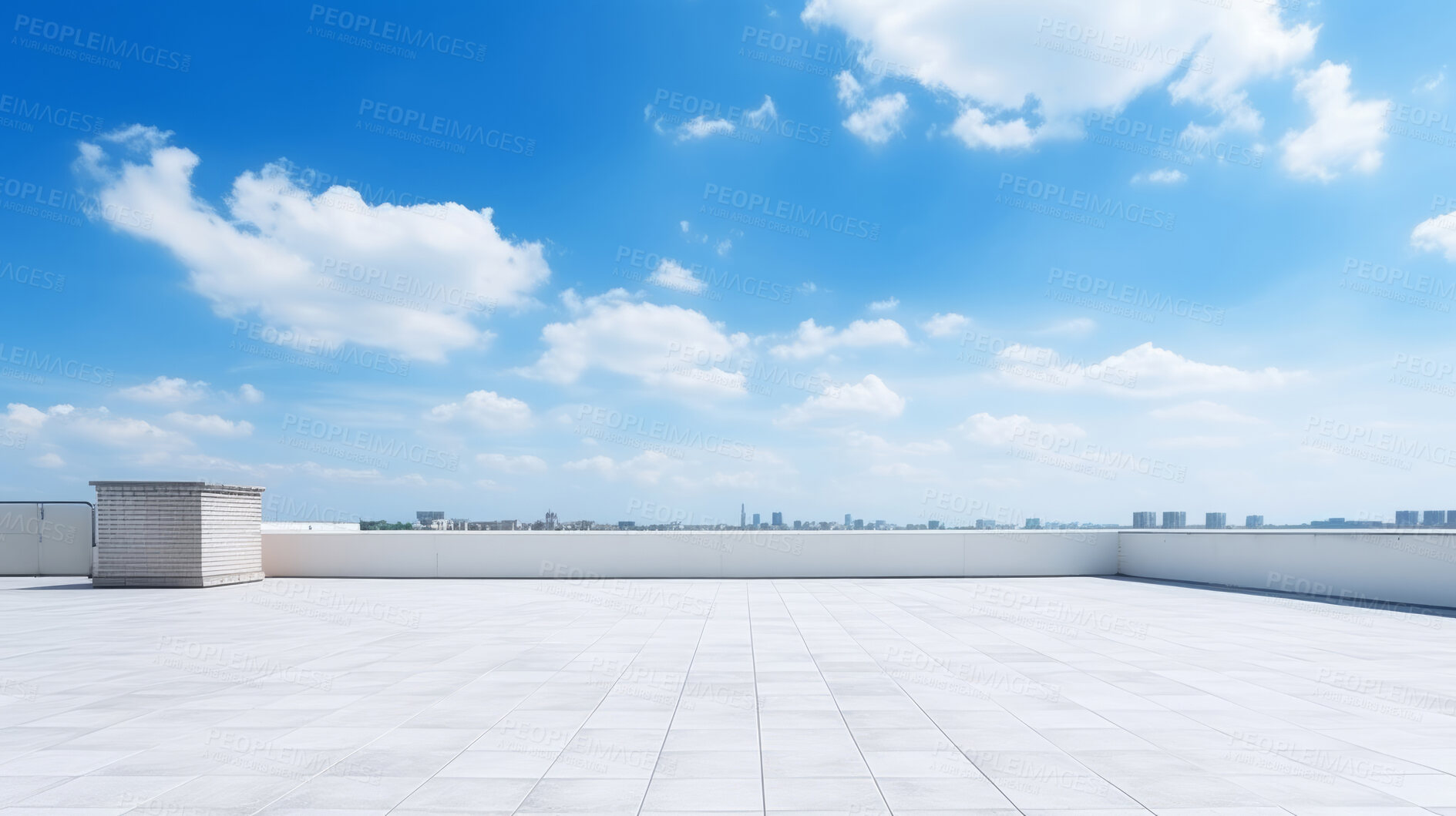 Buy stock photo Empty brick concrete floor and modern cityscape with blue sky. Background copyspace concept