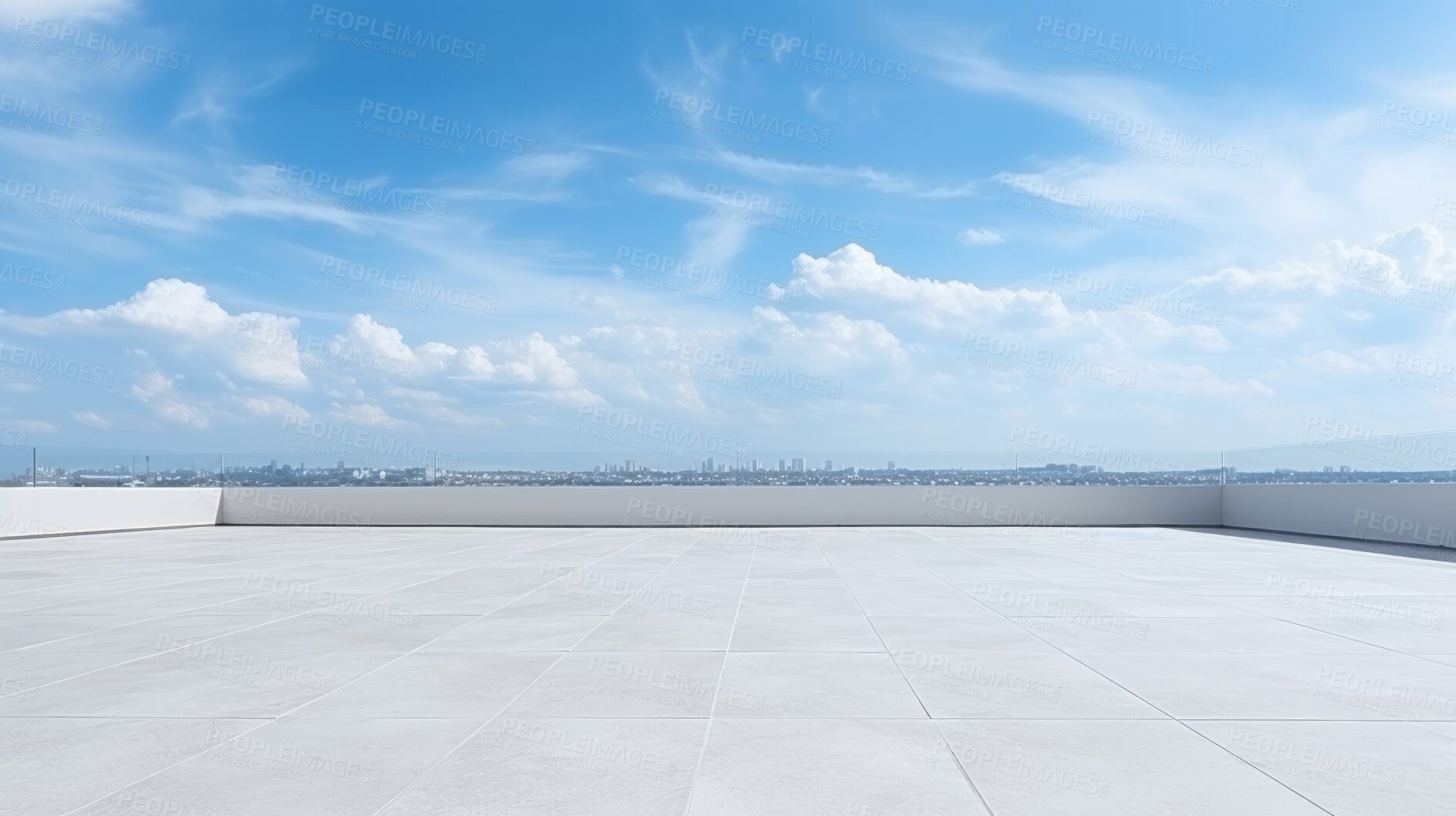 Buy stock photo Empty brick concrete floor and modern cityscape with blue sky. Background copyspace concept