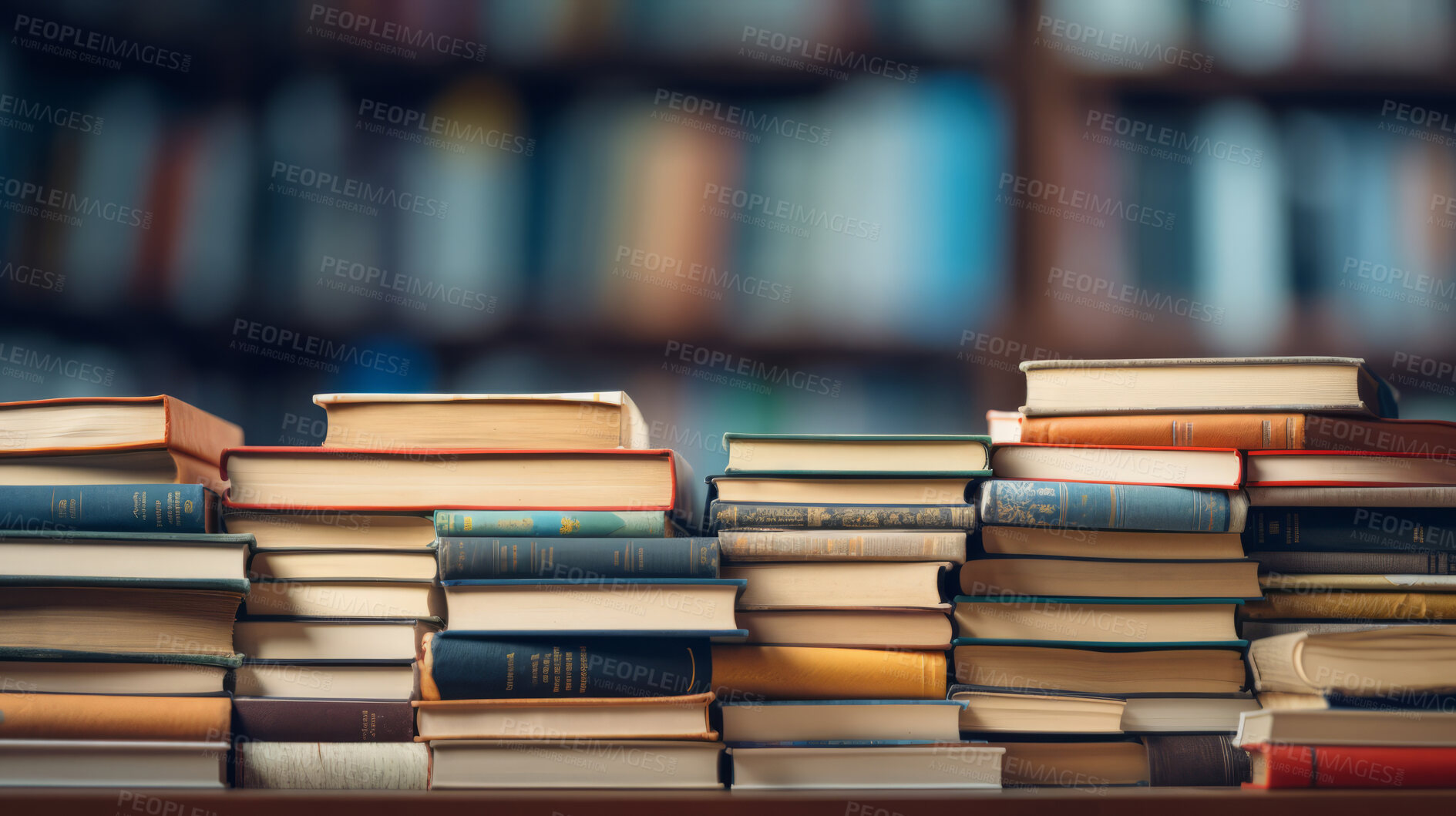 Buy stock photo Stacks of books background. Read, education, research, and knowledge concept