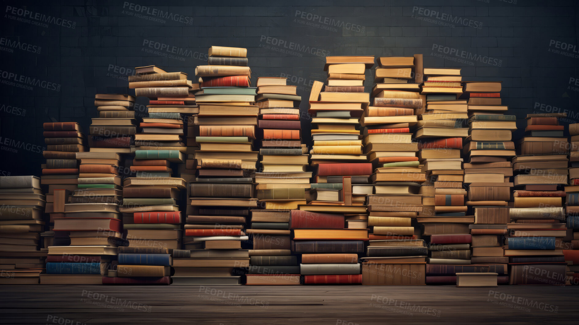 Buy stock photo Stacks of books background. Read, education, research, and knowledge concept