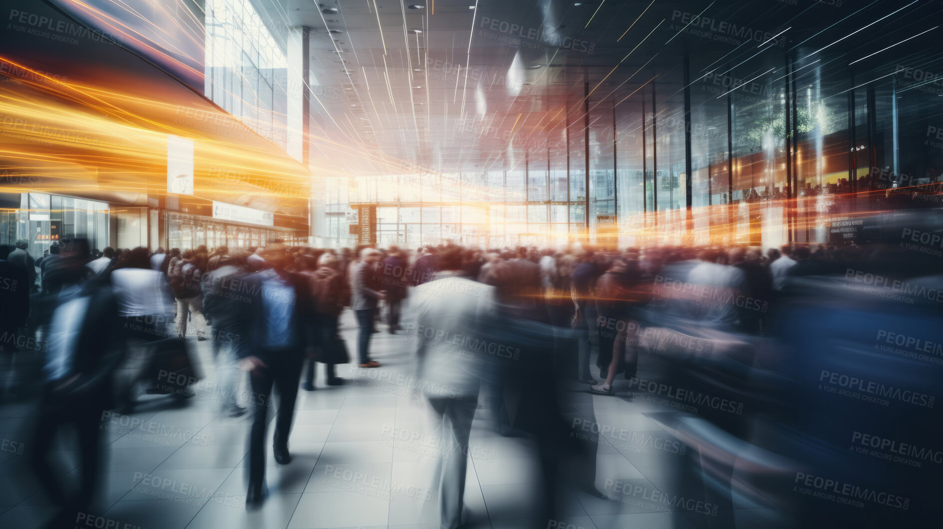 Buy stock photo Businesspeople walking at convention center. Motion blur crowd background