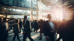 Businesspeople walking at convention center. Motion blur crowd background