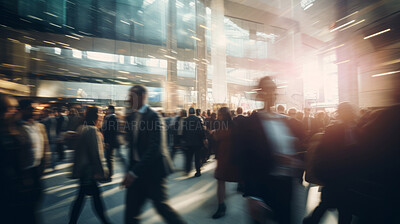 Businesspeople walking at convention center. Motion blur crowd background