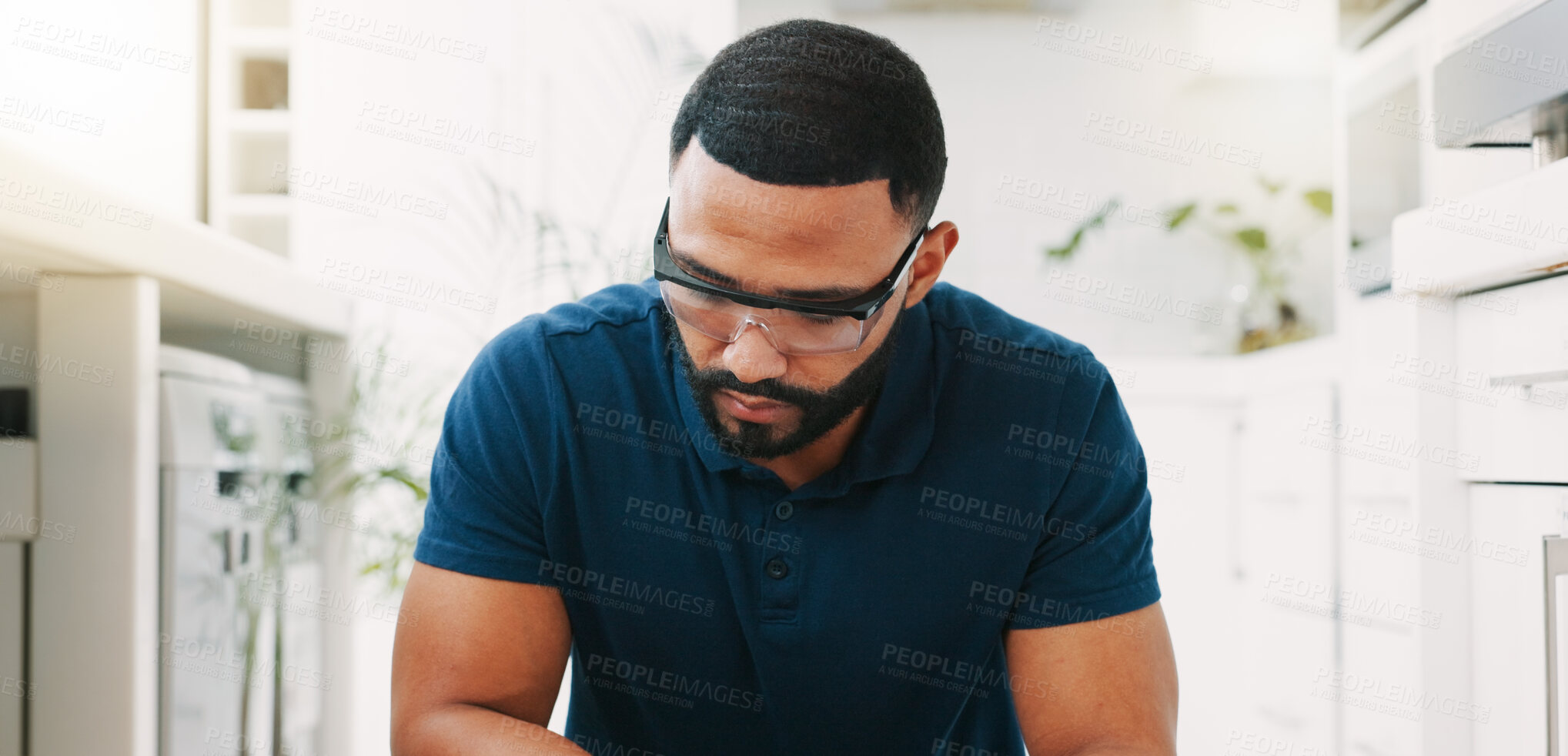Buy stock photo Repair, kitchen and man with box of tools for home construction, fixing and plumbing maintenance. Manual labor, DIY plumber and handyman pack equipment after working on sewer pipe, sink and plumbing