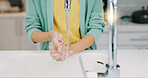 Washing soap, woman hands and kitchen sink of a female with foam for cleaning and wellness. Home, safety and virus protection of a person with sanitary healthcare in a house for skincare and grooming