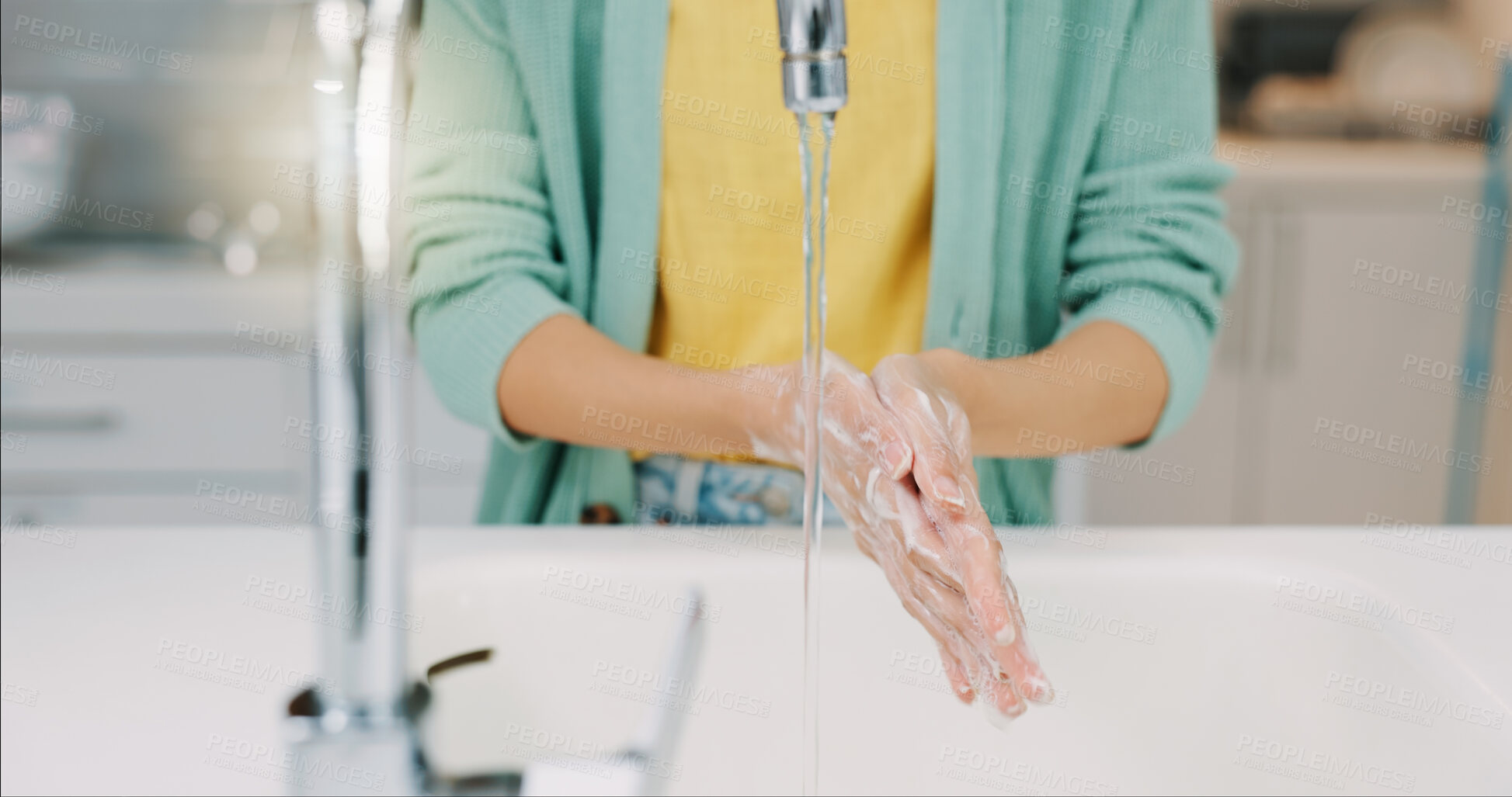 Buy stock photo Washing hands, woman and water from kitchen sink with soap for cleaning and wellness. Home, safety and virus protection of a person with sanitary healthcare in a house for skincare and grooming