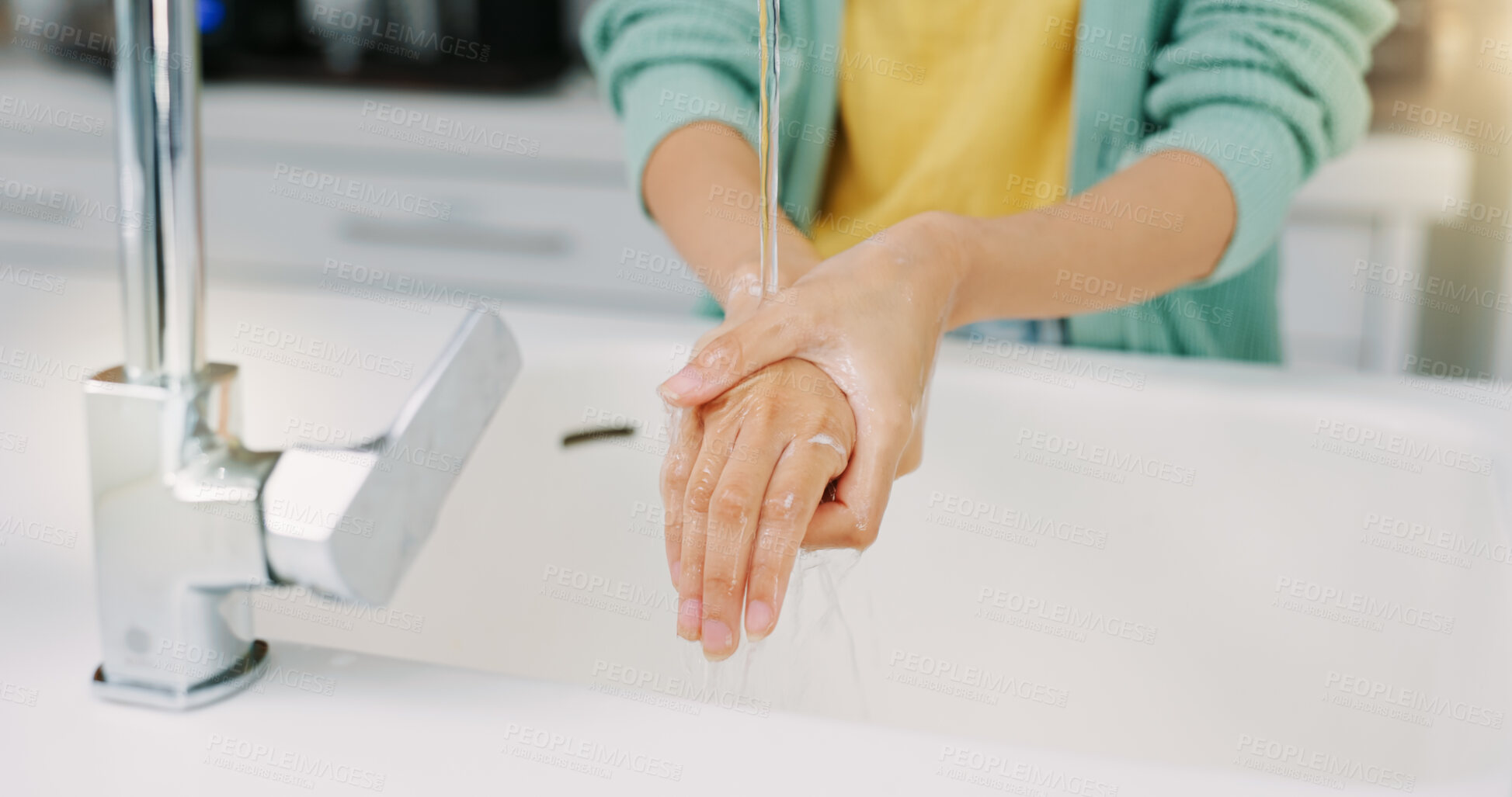 Buy stock photo Washing hands, woman cleanse and kitchen sink of a female with soap for cleaning and wellness. Home, safety and virus protection of a person with healthcare in a house for skincare and grooming