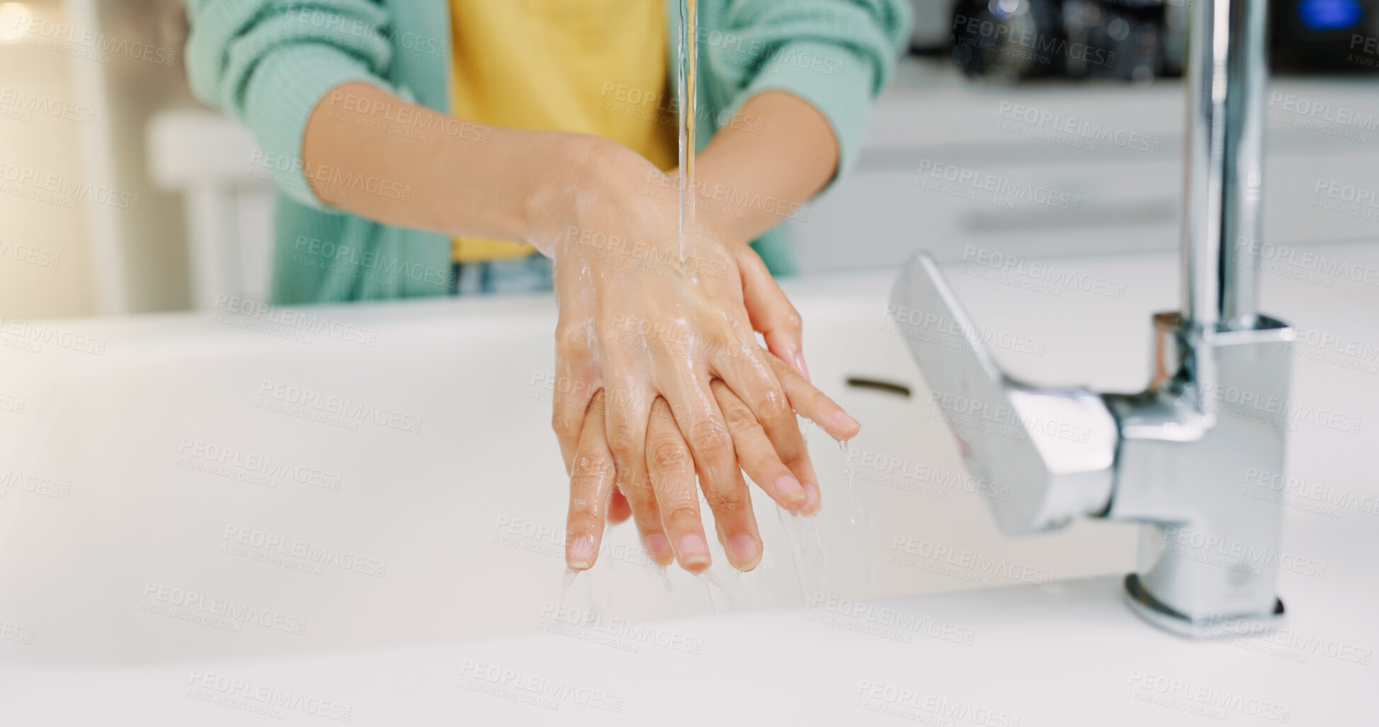 Buy stock photo Washing hands, woman cleanse and kitchen sink of a female with soap for cleaning and wellness. Home, safety and virus protection of a person with healthcare in a house for skincare and grooming