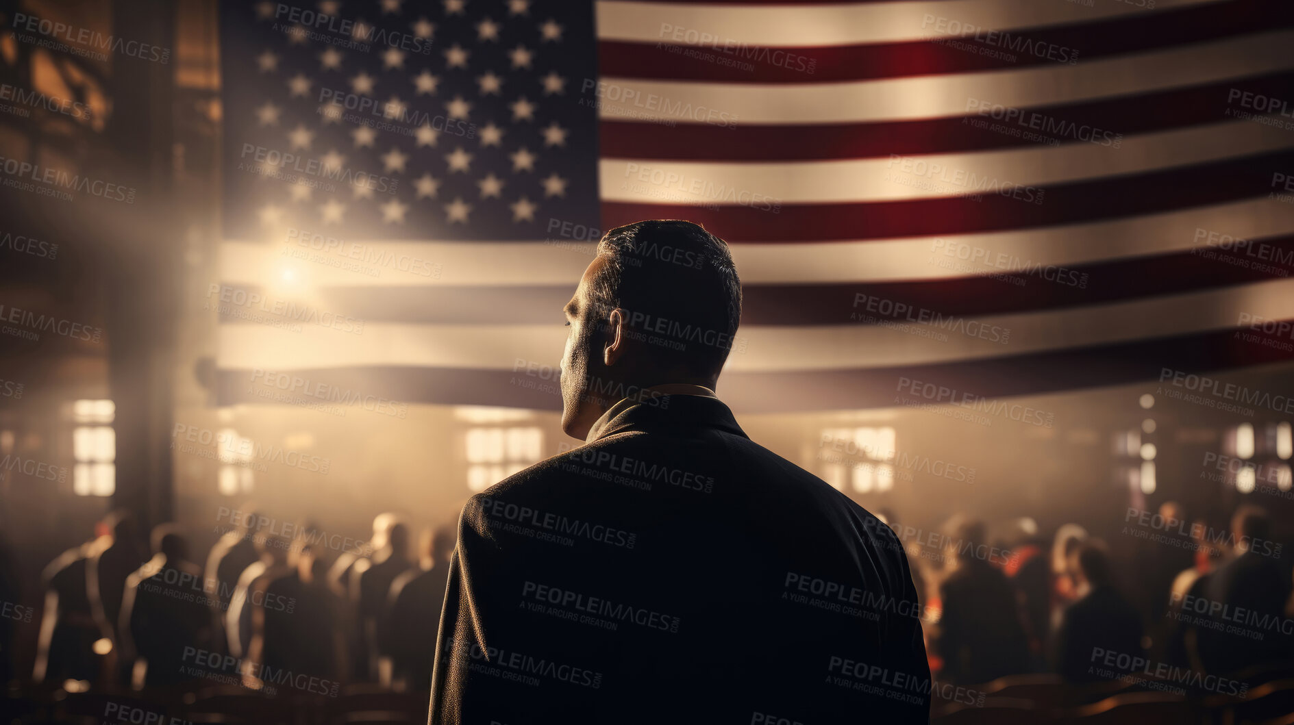 Buy stock photo Business man silhouette figure at big event, groups of people, big American flag hanging over stage.