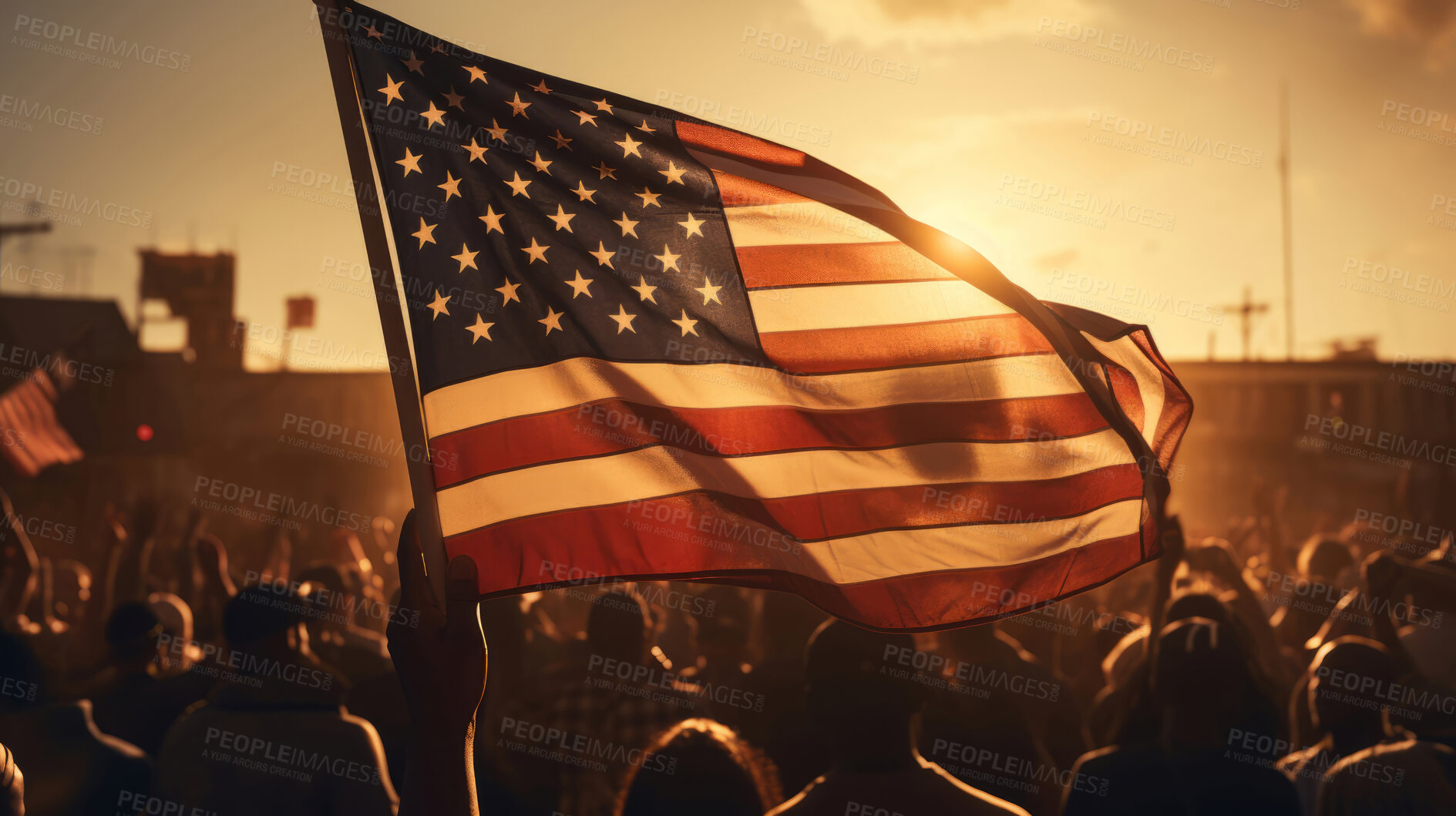 Buy stock photo American flag at big political event, sign of patriotism and support. Big audience, sunset.