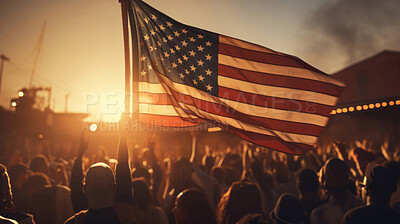 American flag at big political event, sign of patriotism and support. Big audience, sunset.