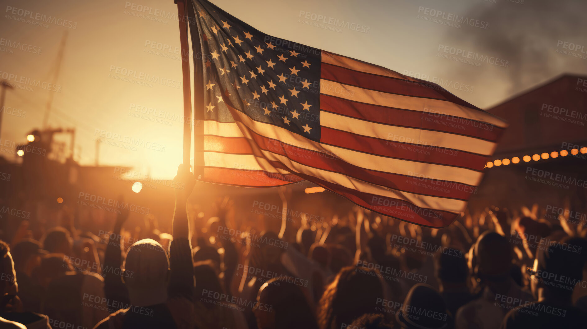 Buy stock photo American flag at big political event, sign of patriotism and support. Big audience, sunset.