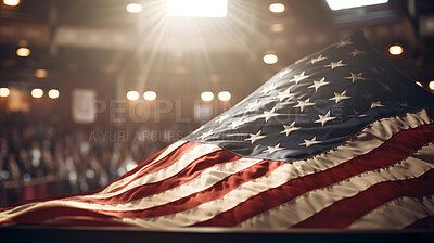 American flag at big political event, sign of patriotism and support. Big audience, copy space, bokeh.