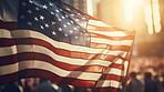 American flag at big political event, sign of patriotism and support. Big audience, copy space, bokeh.
