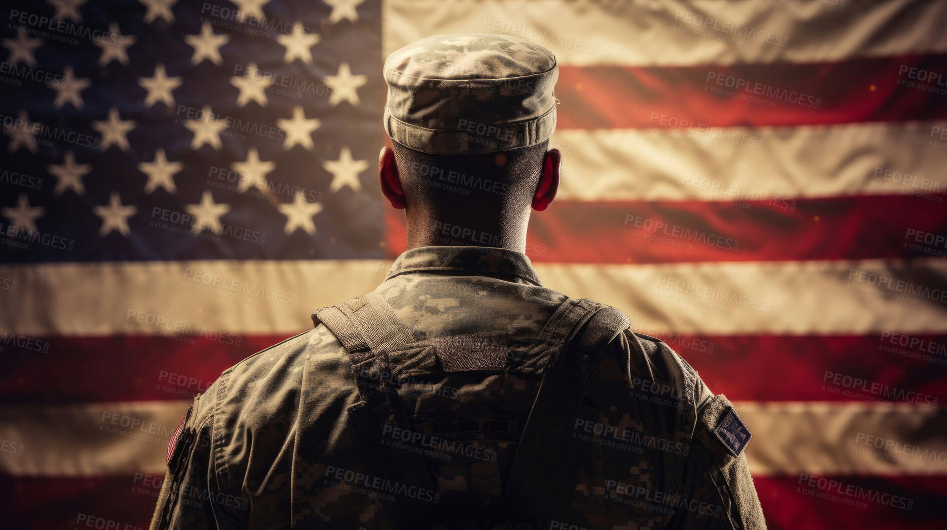 Buy stock photo Silhouette of soldier standing in front of American flag hanging on the wall. Shot from behind. Patriotic duty and pride.