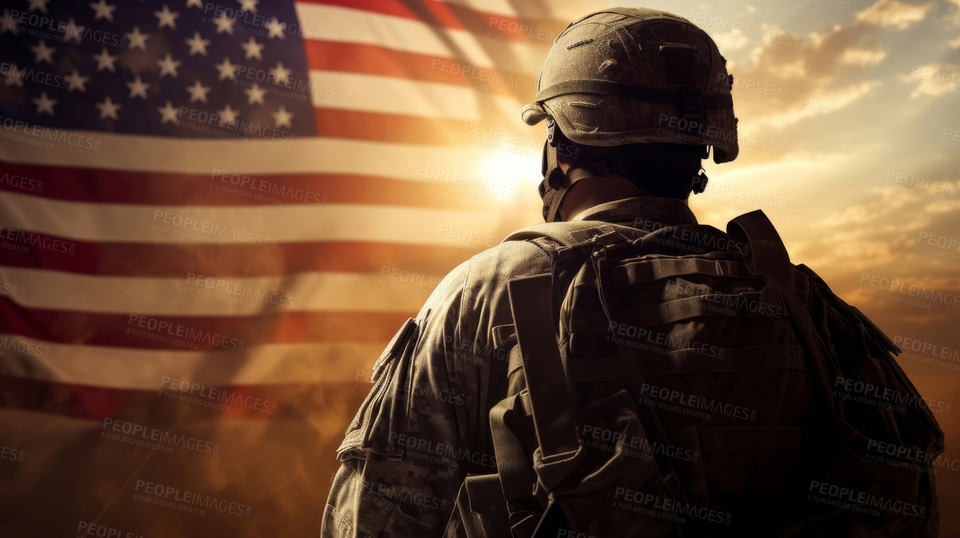 Buy stock photo Silhouette of soldier standing in front of fading American flag waving in the sunset. Shot from behind. Patriotic duty and pride.