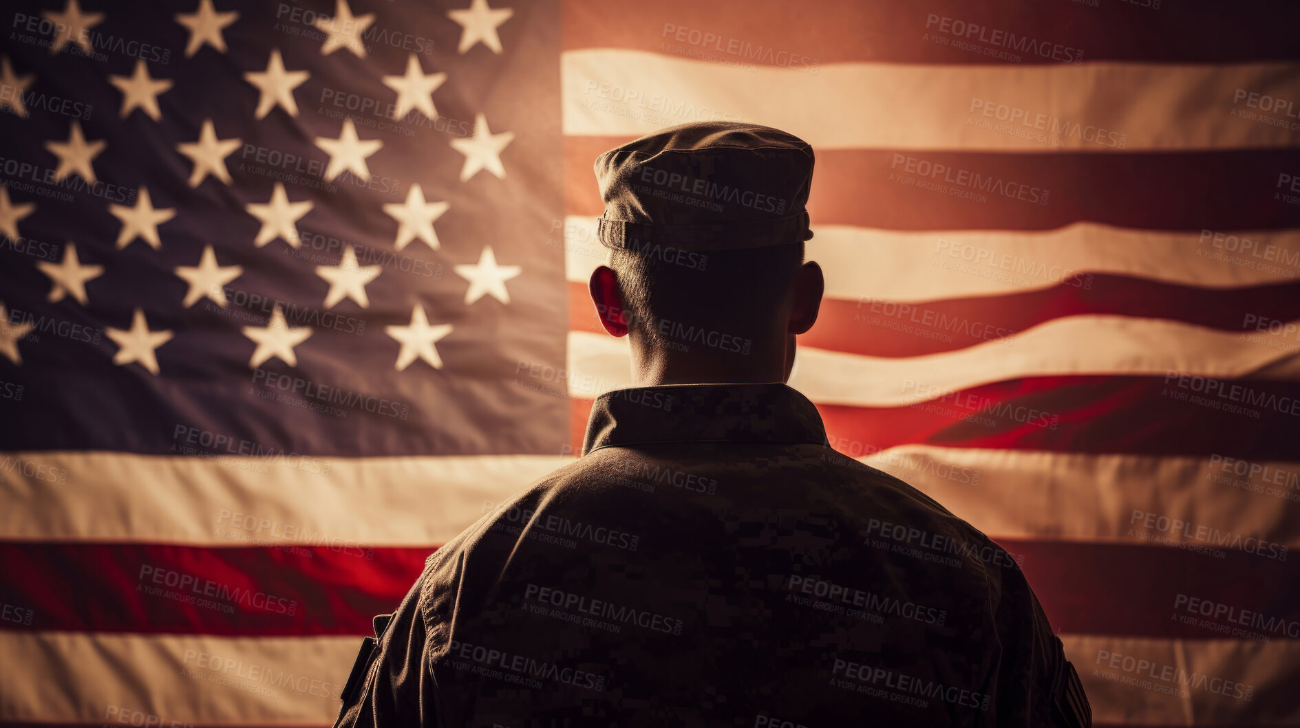 Buy stock photo Silhouette of soldier standing in front of American flag hanging on the wall. Shot from behind. Patriotic duty and pride.