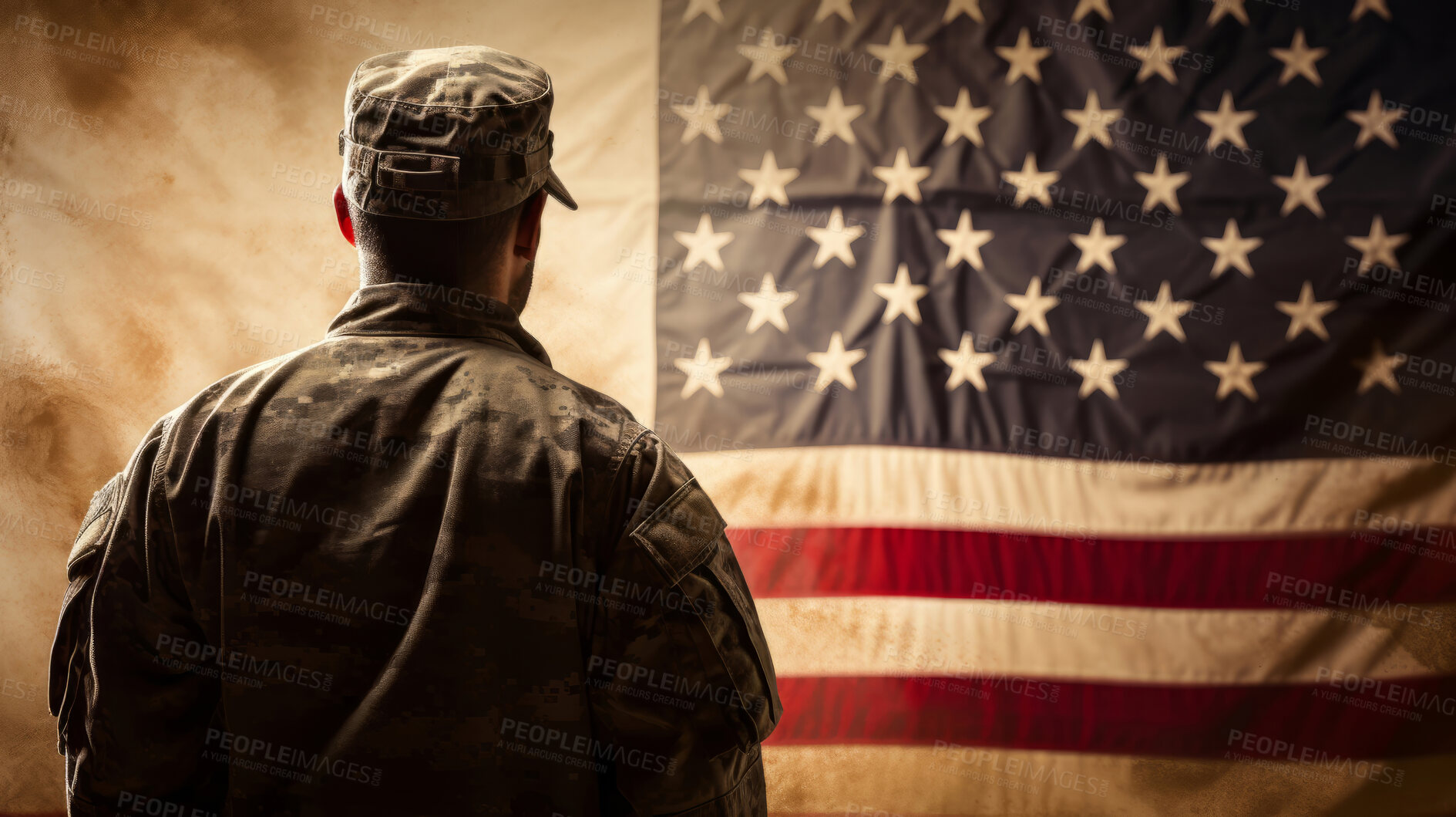 Buy stock photo Silhouette of soldier standing in front of fading American flag waving in the sun set. Shot from behind. Patriotic duty and pride.
