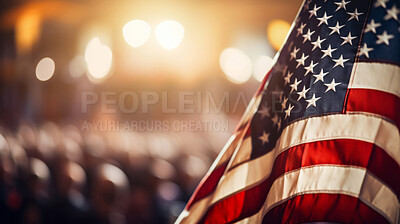 American flag at big political event, sign of patriotism and support. Big audience, copy space, bokeh.