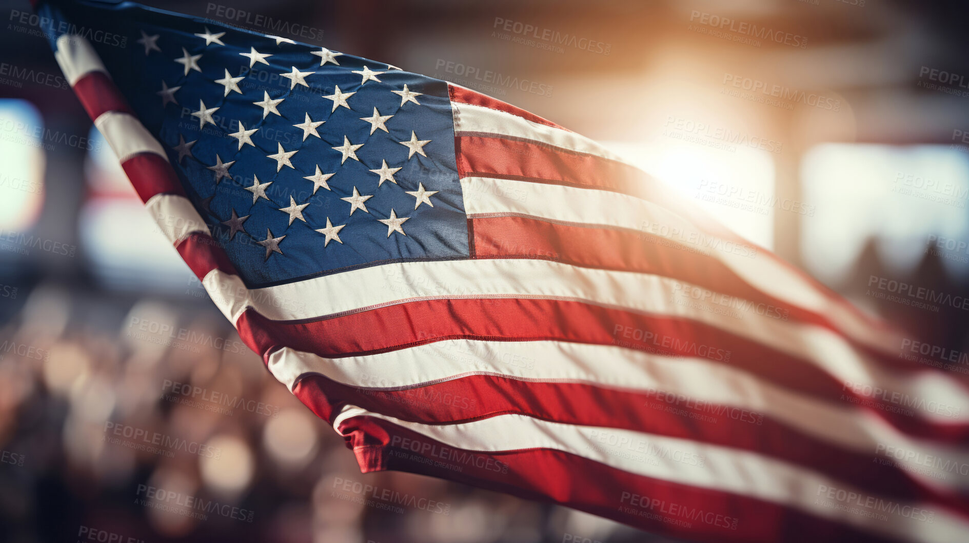 Buy stock photo American flag at big political event, sign of patriotism. Big audience, copy space, sun flare.