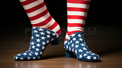 Patriotic person wearing striped socks and star covered heels.Low angle view, standing on floor.