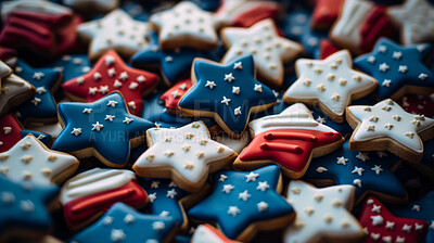 Close-up shot of Star shaped cookies decorated for American patriotism.