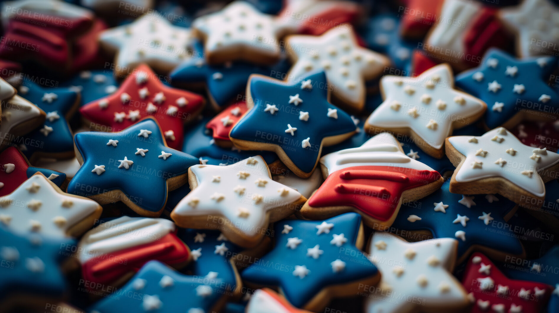 Buy stock photo Close-up shot of Star shaped cookies decorated for American patriotism.