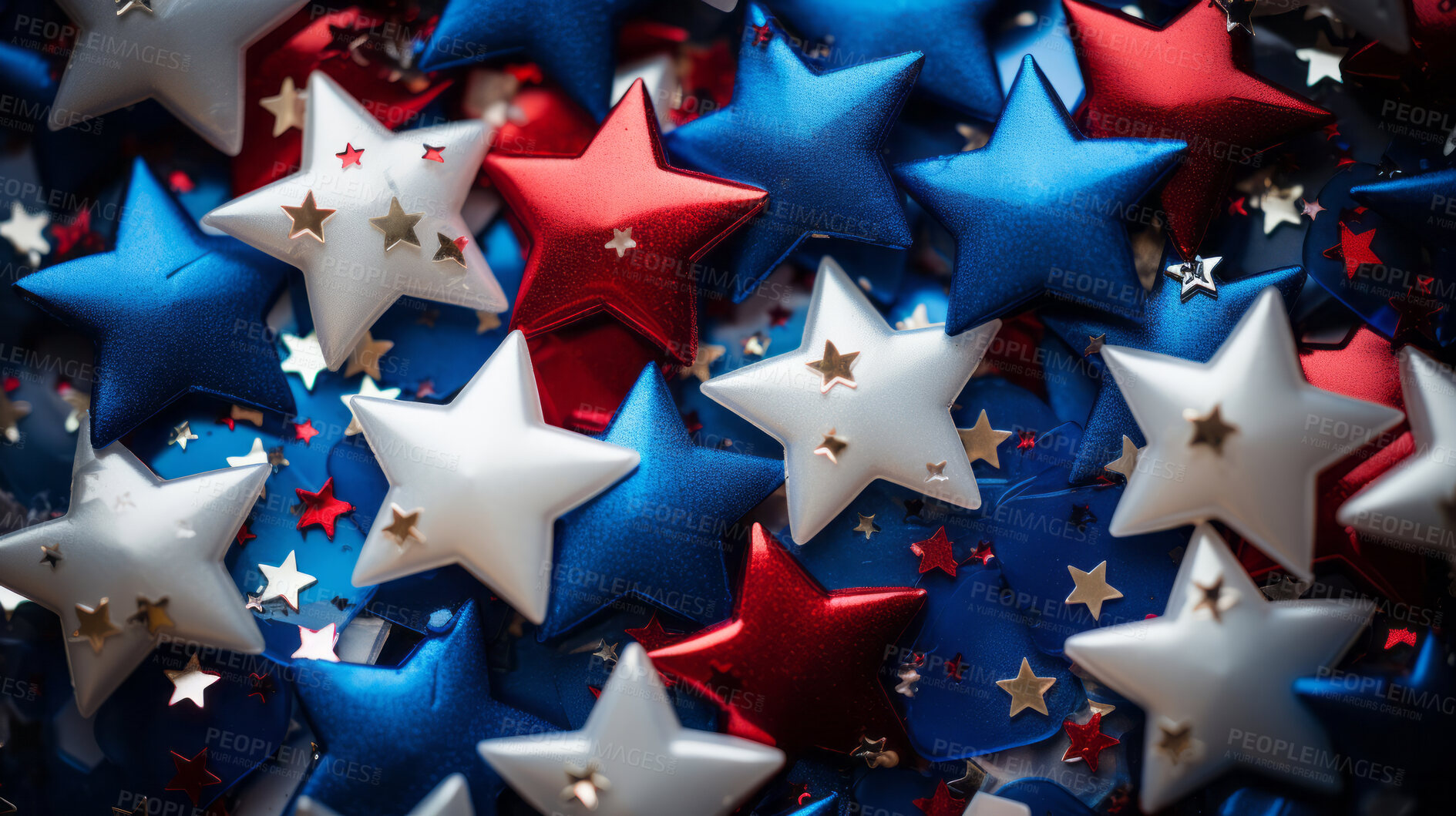 Buy stock photo Close-up of decorative confetti in the shape of stars. Coloured with American flag colours.