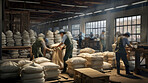 Blurred warehouse factory, illegal labour exploitation in sweatshop manufacturing concept