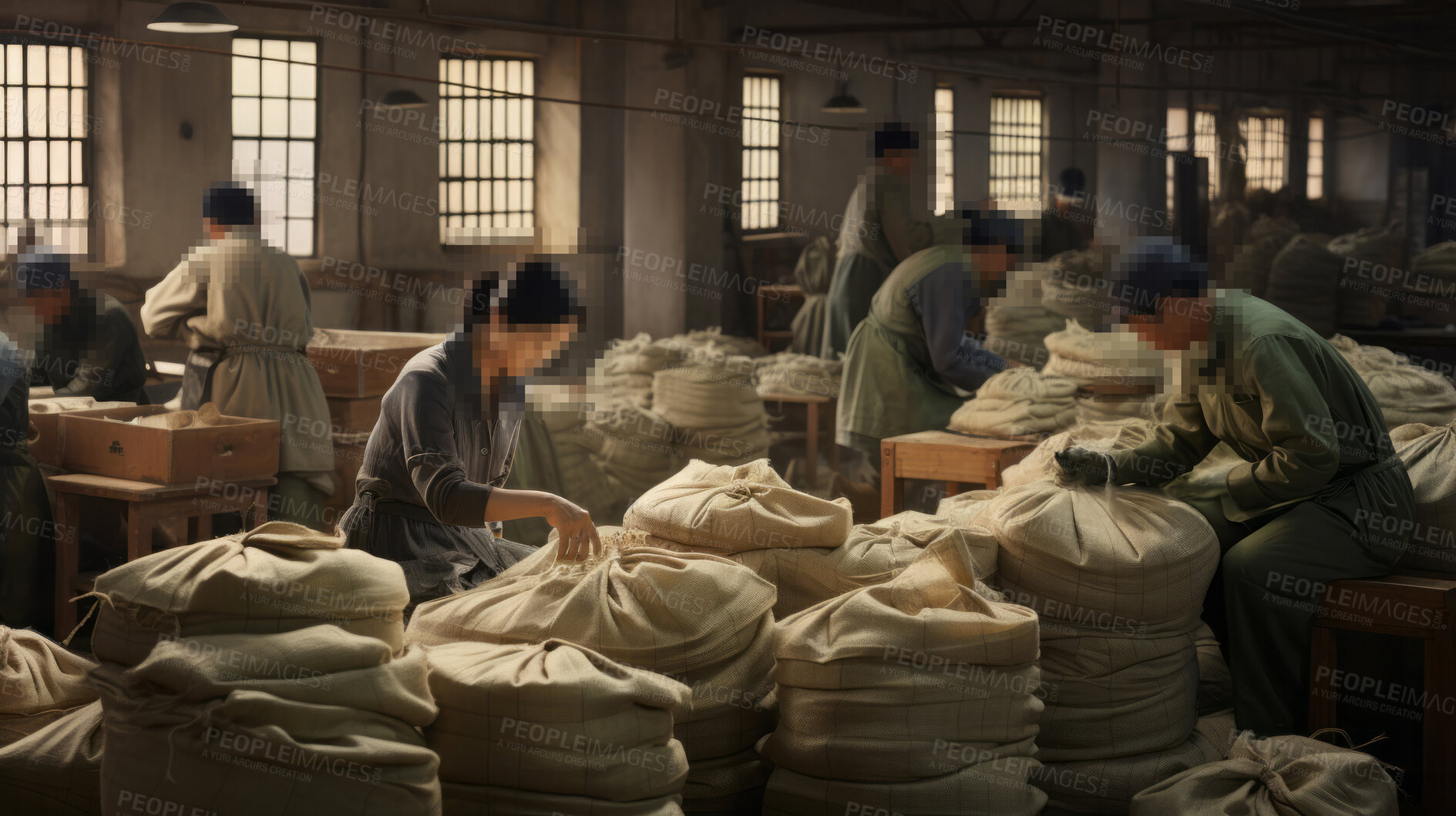 Buy stock photo Blurred warehouse factory, illegal labour exploitation in sweatshop manufacturing concept