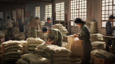 Buy stock photo Blurred warehouse factory, illegal labour exploitation in sweatshop manufacturing concept