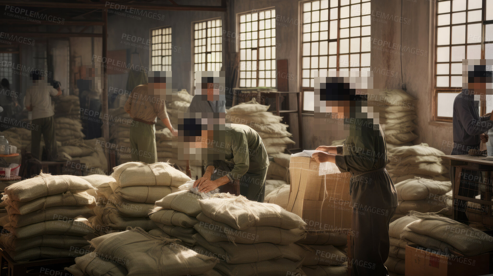 Buy stock photo Blurred warehouse factory, illegal labour exploitation in sweatshop manufacturing concept