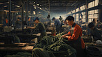 Blurred warehouse factory, illegal labour exploitation in sweatshop manufacturing concept