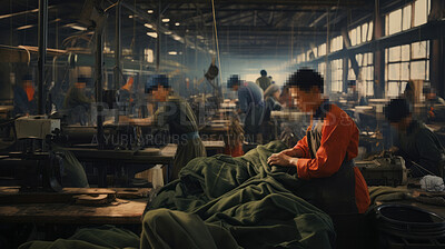 Buy stock photo Blurred warehouse factory, illegal labour exploitation in sweatshop manufacturing concept