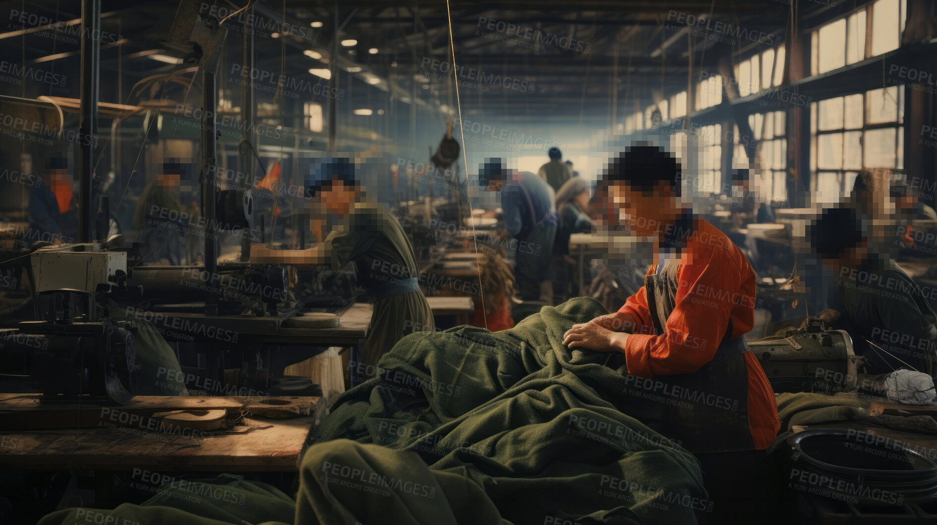 Buy stock photo Blurred warehouse factory, illegal labour exploitation in sweatshop manufacturing concept