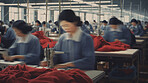 Blurred warehouse factory, illegal labour exploitation in sweatshop manufacturing concept