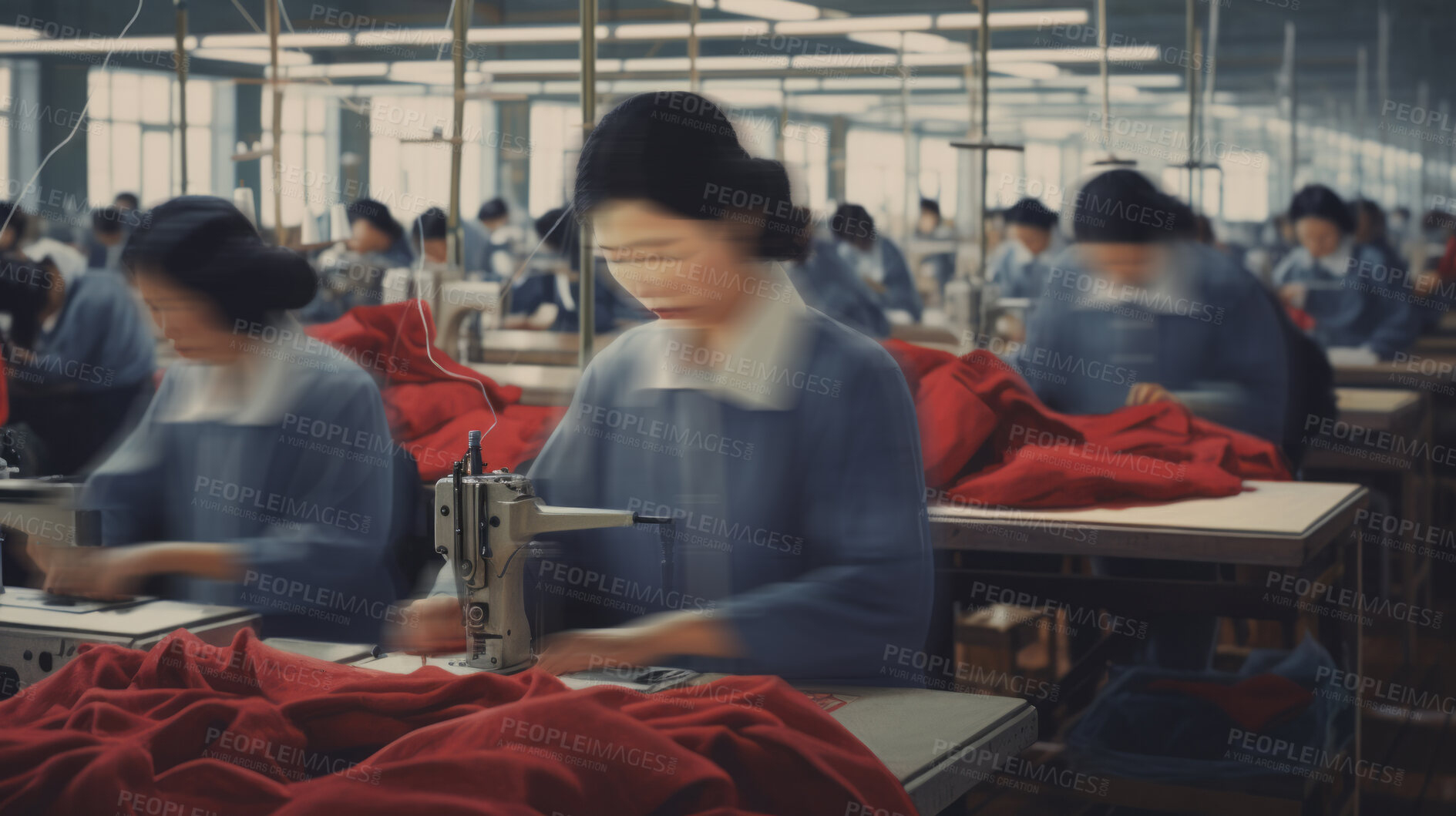 Buy stock photo Blurred warehouse factory, illegal labour exploitation in sweatshop manufacturing concept